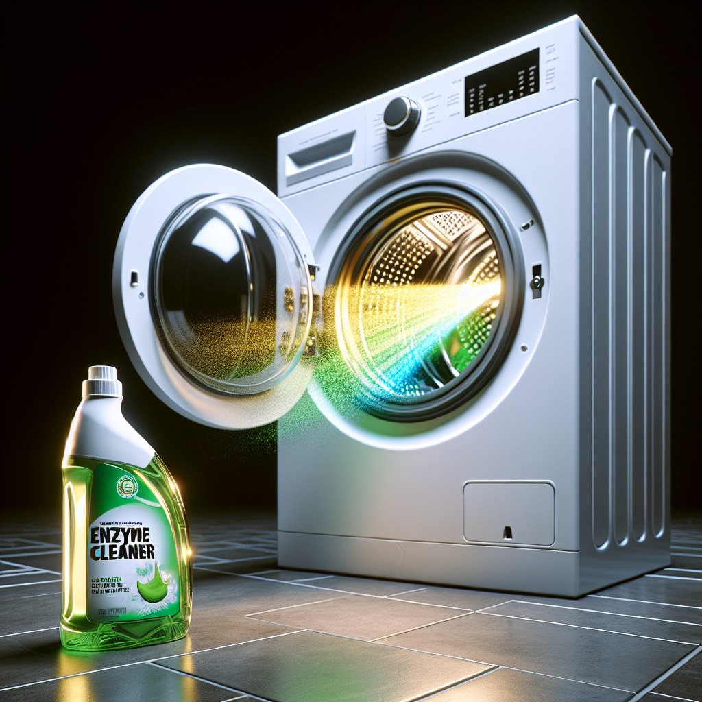 A modern washing machine, with a subtle, stylized green/yellow haze or symbolic wavy lines indicating an unpleasant cat urine smell emanating from its open door. In the foreground, a sleek bottle of 'Enzyme Cleaner' with a bright, clean aura around it, suggesting effectiveness against odors. The overall mood should be clean and illustrative, focusing on problem and solution. Studio lighting, digital art.