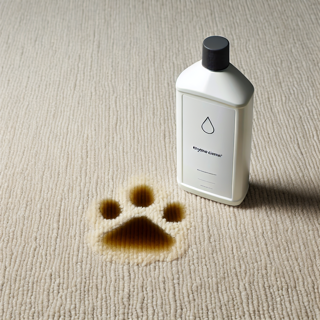 A clear, well-lit photo capturing a small, fresh dog urine stain on a light beige carpet. Next to the stain, a modern, generic bottle of 'Enzymreiniger' (Enzyme Cleaner) with a clean design, suggesting a solution to the problem. The image should have a realistic, slightly minimalist aesthetic, suitable for a blog article.