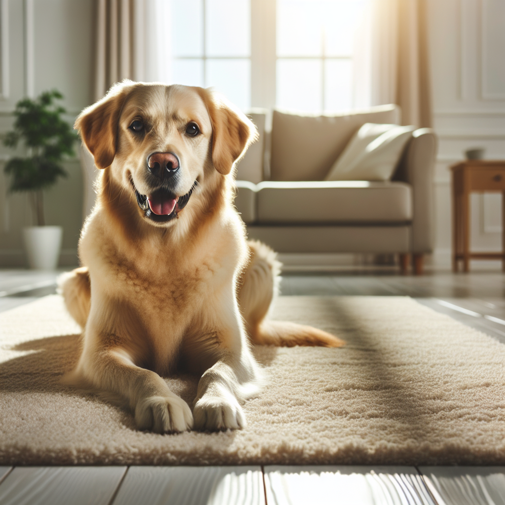 A warm, inviting photo of a happy, well-groomed dog (e.g., a Golden Retriever or Labrador) comfortably lying on a perfectly clean, light-colored carpet or wooden floor in a modern, sunlit living room. The atmosphere should convey freshness, cleanliness, and the absence of any unpleasant odors, emphasizing a serene and clean home environment.