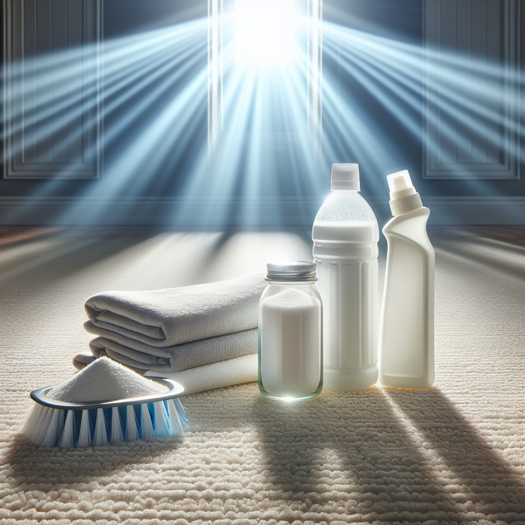 A pristine, fresh home environment with a bright, clean carpet. In the foreground, a subtle arrangement of cleaning essentials: a shaker of baking soda, a bottle of white vinegar, and a clean cloth, suggesting effective odor removal. The scene evokes a sense of cleanliness and freshness. Realistic, photographic style.