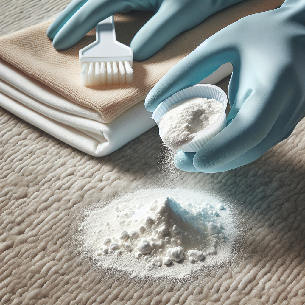 Close-up, top-down shot of a gloved hand sprinkling white baking soda powder onto a light-colored carpet or upholstery. A clean, damp cloth is nearby. The focus is on the act of neutralizing odors, with a practical and clean aesthetic. Realistic, photographic style.