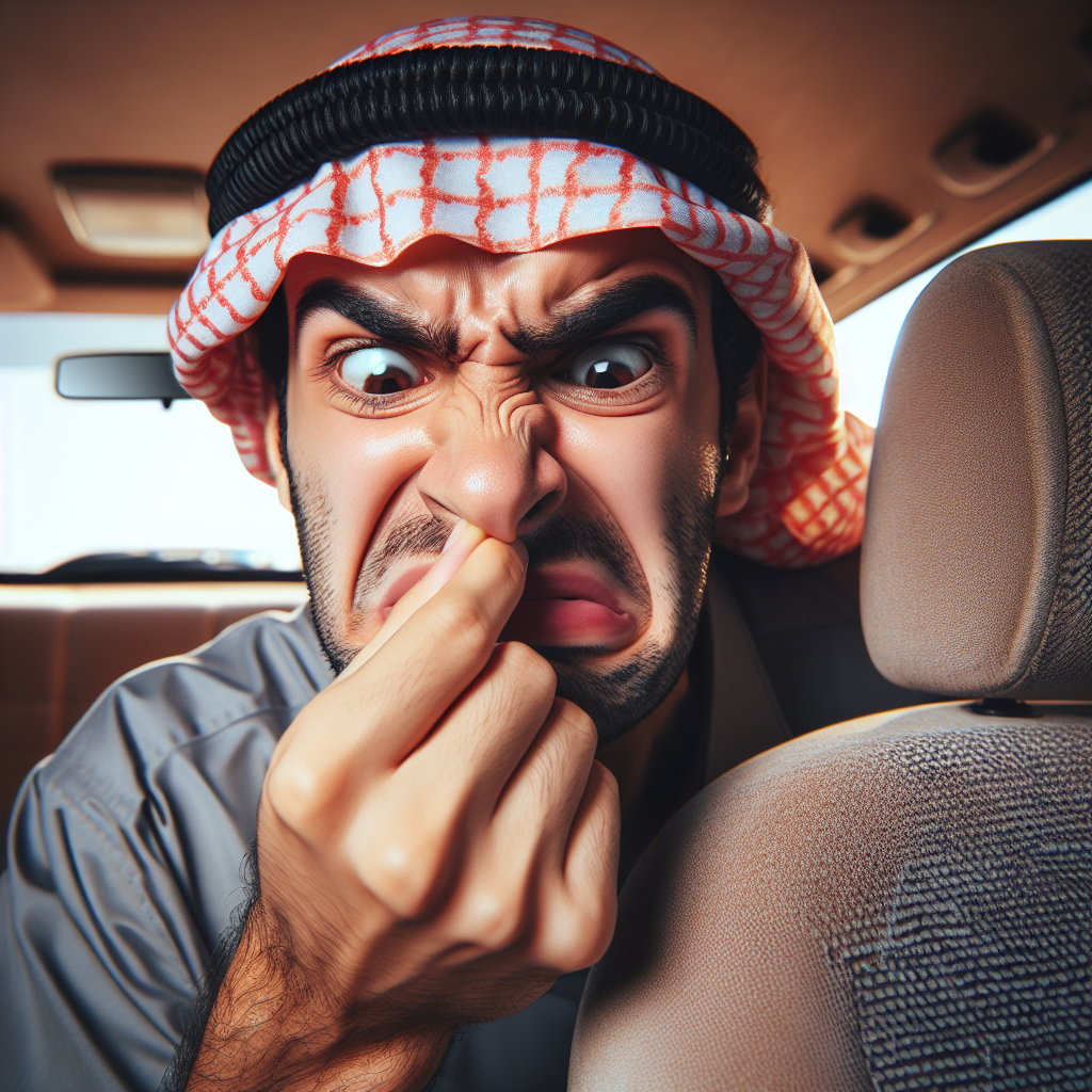 A person with a look of intense disgust and discomfort, pinching their nose inside a car. The car interior subtly suggests an unpleasant, foul smell, with a slightly disheveled appearance. Focus on the person's strong reaction and the confined space of the vehicle, emphasizing the lingering bad odor.