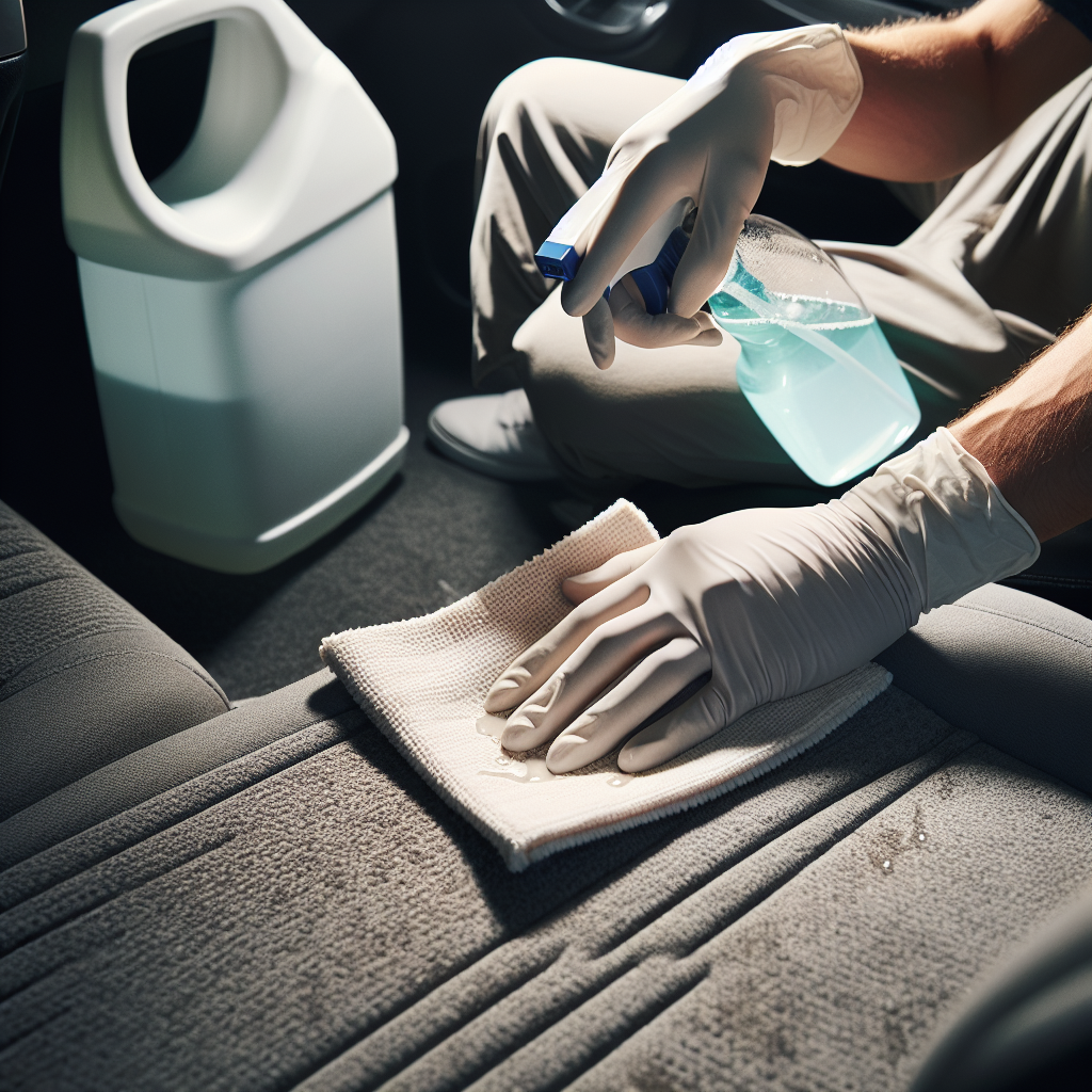 Close-up of gloved hands carefully dabbing a car seat or carpet with a clean, absorbent cloth, to remove a stubborn stain or odor. A spray bottle with cleaning solution and a bucket are subtly visible in the background. The scene is well-lit, showing the focused effort of thorough cleaning inside a car.