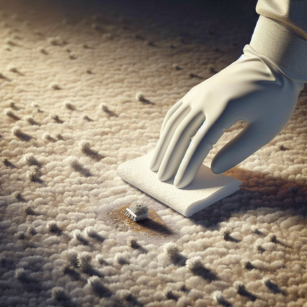 A close-up, top-down view of a light-colored carpet with a small, discreet, slightly wet stain. A hand wearing a disposable glove is gently dabbing the spot with a stack of white paper towels to absorb moisture. The scene conveys careful and quick cleaning, not graphic mess. Soft, natural lighting. Realistic photo style, high detail.