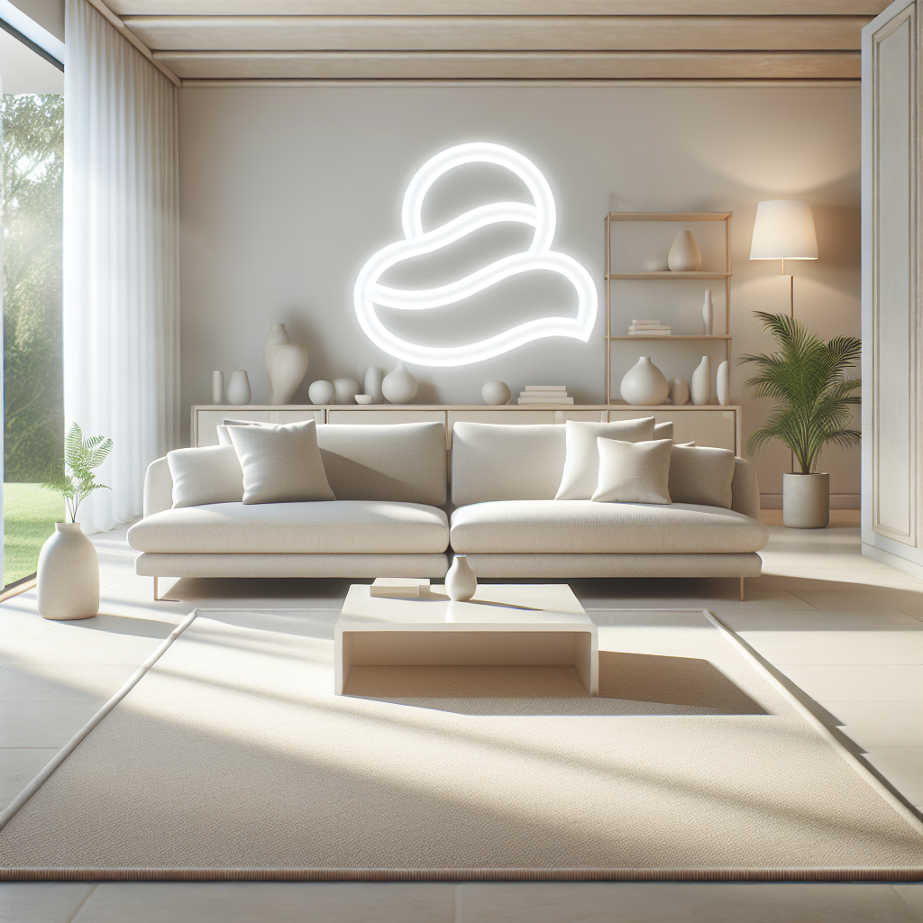 A minimalistic, clean photograph showing a subtle, almost translucent wavy 'odor cloud' symbol floating above a pristine, light-colored carpet in a modern living room. The room is otherwise immaculate, emphasizing the invisible but persistent nature of an unpleasant smell. The atmosphere should be bright and airy, with a touch of a challenging problem, soft focus, natural light.