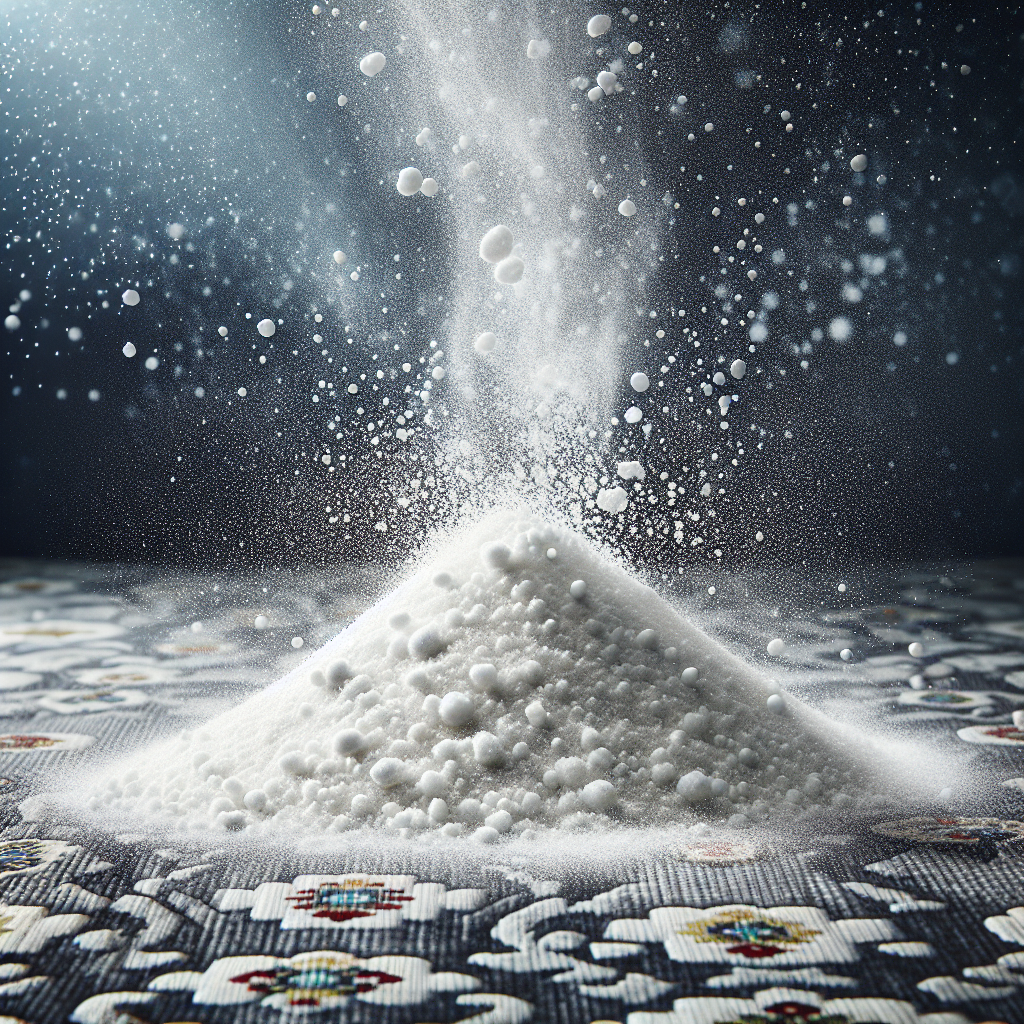 A vibrant, close-up photograph of baking soda being sprinkled generously onto a textured fabric surface (like a carpet or upholstery), creating a fine white layer. The image should convey a sense of active cleaning, effectiveness, and the promise of freshness. Bright, clean aesthetic with sparkling light effects, a hint of fresh air, and an overall feeling of problem-solving.