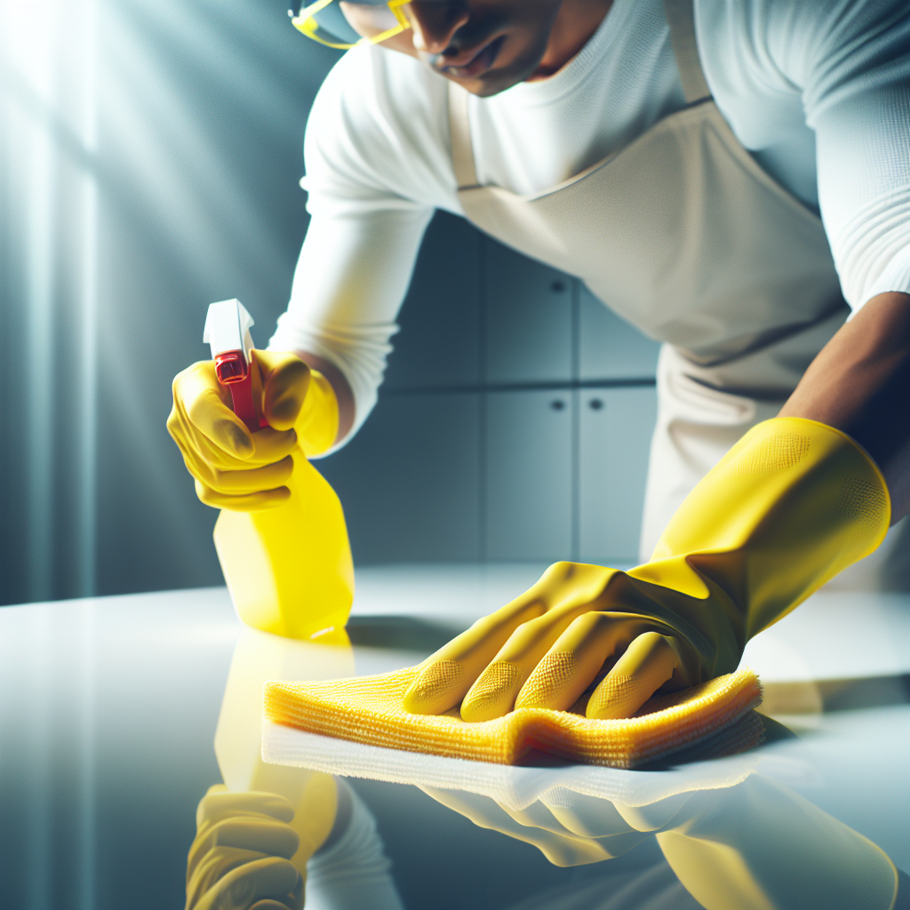 A person wearing bright yellow rubber gloves, holding a spray bottle and a microfiber cloth, diligently cleaning a smooth, light-colored surface. The scene is well-lit and tidy, focusing on the action of cleaning with a sense of efficiency and hygiene. Realistic photography style, shallow depth of field.