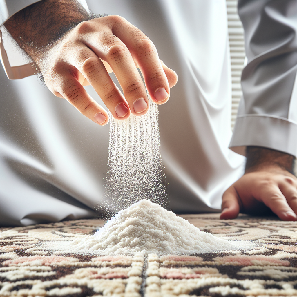 Close-up shot of a hand gently sprinkling a white absorbent powder, resembling baking soda or cat litter, onto a neutral-toned carpet. The focus is on the falling powder and the texture of the carpet, conveying a practical step for quick cleaning and odor neutralization. Realistic photography style, clean aesthetic.
