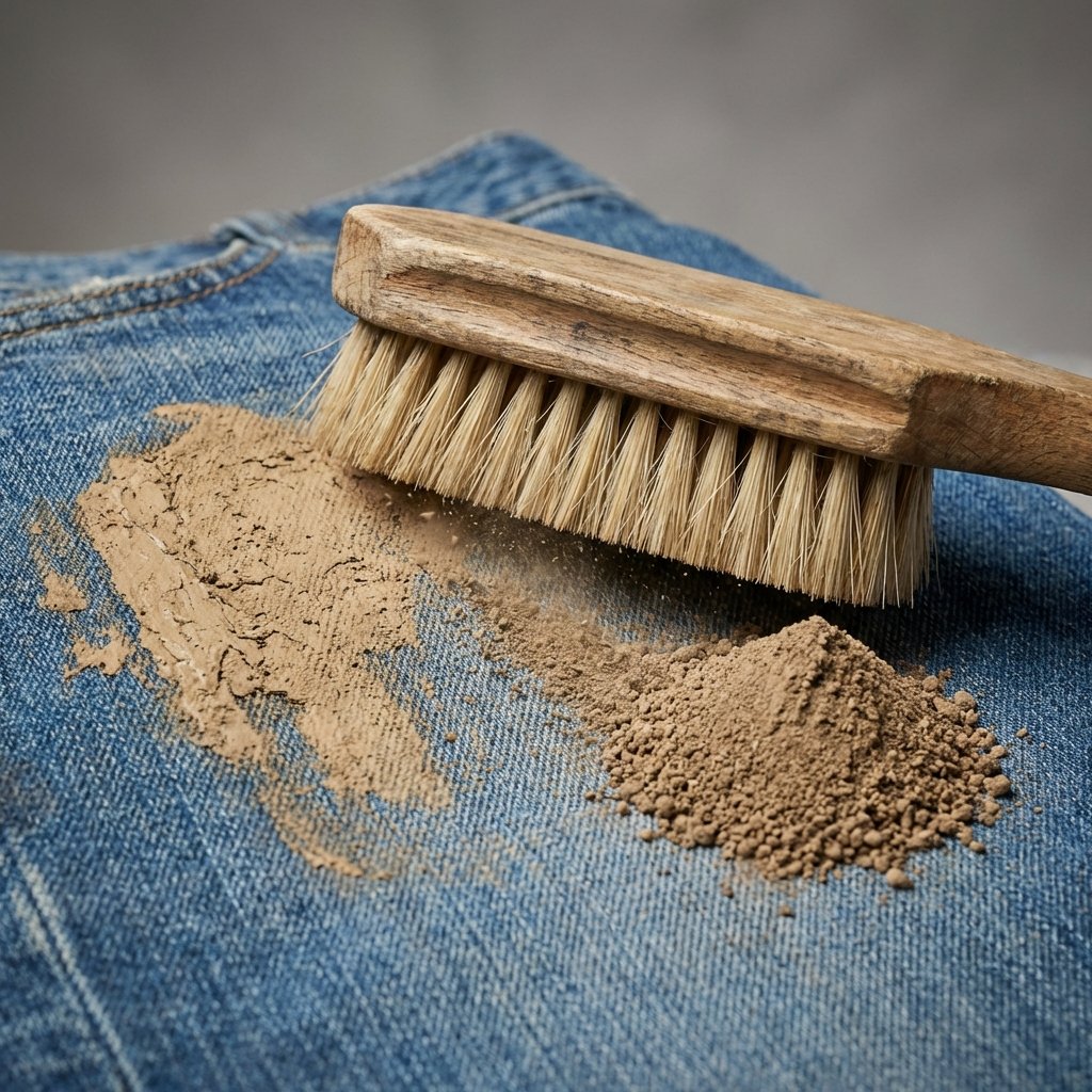 A close-up, professional studio photo of a pair of blue denim jeans with a dried, light brown mud stain. A soft-bristled brush (like a clothes brush or a large, soft toothbrush) is gently sweeping dry dirt particles from the edge of the stain towards the center. A small, neat pile of brushed-off dirt is visible next to the stain, emphasizing the removal process. The background is clean and out of focus, highlighting the fabric texture and the cleaning action.