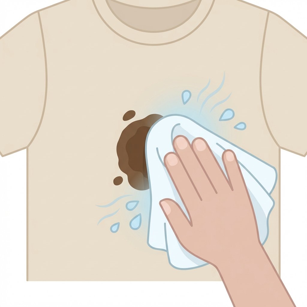 A clean, detailed flat illustration showing a hand gently dabbing a fresh, wet mud stain on a light-colored fabric, possibly a white cotton t-shirt. The hand holds a small, damp white cloth, and the action of dabbing is clearly depicted. Around the stain and the damp cloth, subtle visual cues of coldness, such as a faint blue hue or tiny, crisp water droplets, indicate the use of cold water, without showing actual ice or temperature readings.