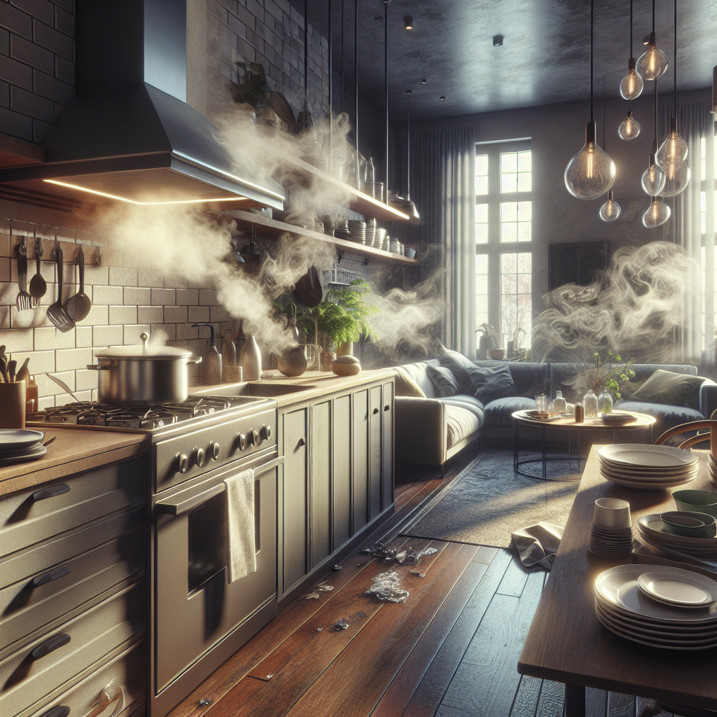 A cozy, modern open-plan kitchen and living room, visibly filled with a lingering, slightly oppressive culinary odor after cooking. Subtle steam and wavy haze rise from a stove and permeate the air. Dirty dishes are subtly visible in the sink or on the counter. The scene conveys a persistent, unpleasant food smell. Realistic, indoor lighting with a slightly muted feel.