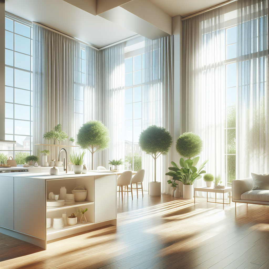 A bright, airy, and impeccably clean modern kitchen and living room. Large windows are wide open, letting in abundant natural light and a gentle breeze that subtly billows sheer curtains. The room feels fresh, crisp, and odor-free, with healthy green plants on a counter or table. The overall atmosphere is one of cleanliness and rejuvenation. Realistic, vibrant colors and soft natural light.