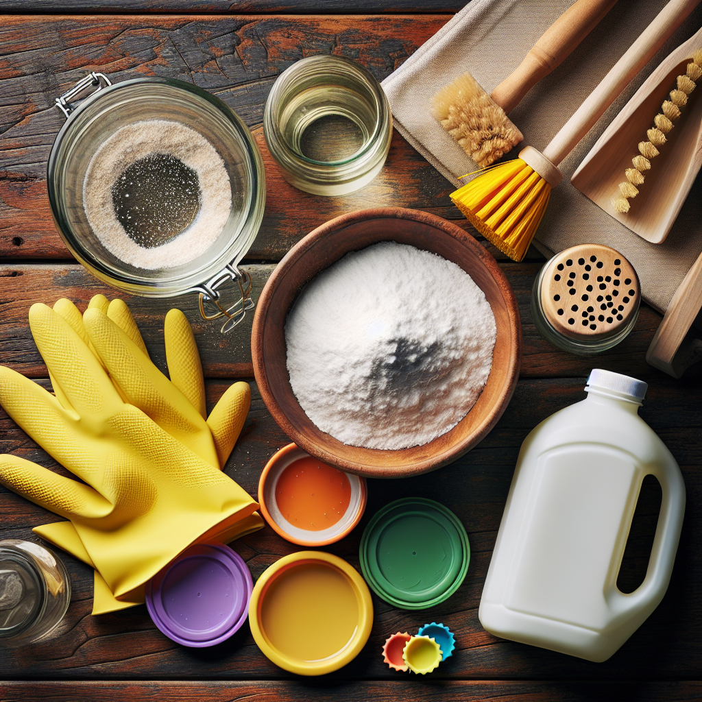 An overhead shot of a rustic wooden kitchen counter, featuring a small bowl of baking soda and a bottle of white vinegar prominently. Surrounding these natural cleaning agents are various rubber items: a pair of yellow rubber gloves, a silicone food container lid, and a rubber seal from a food jar. The scene should evoke a sense of practical, effective household solutions for odor removal, with warm, natural lighting.