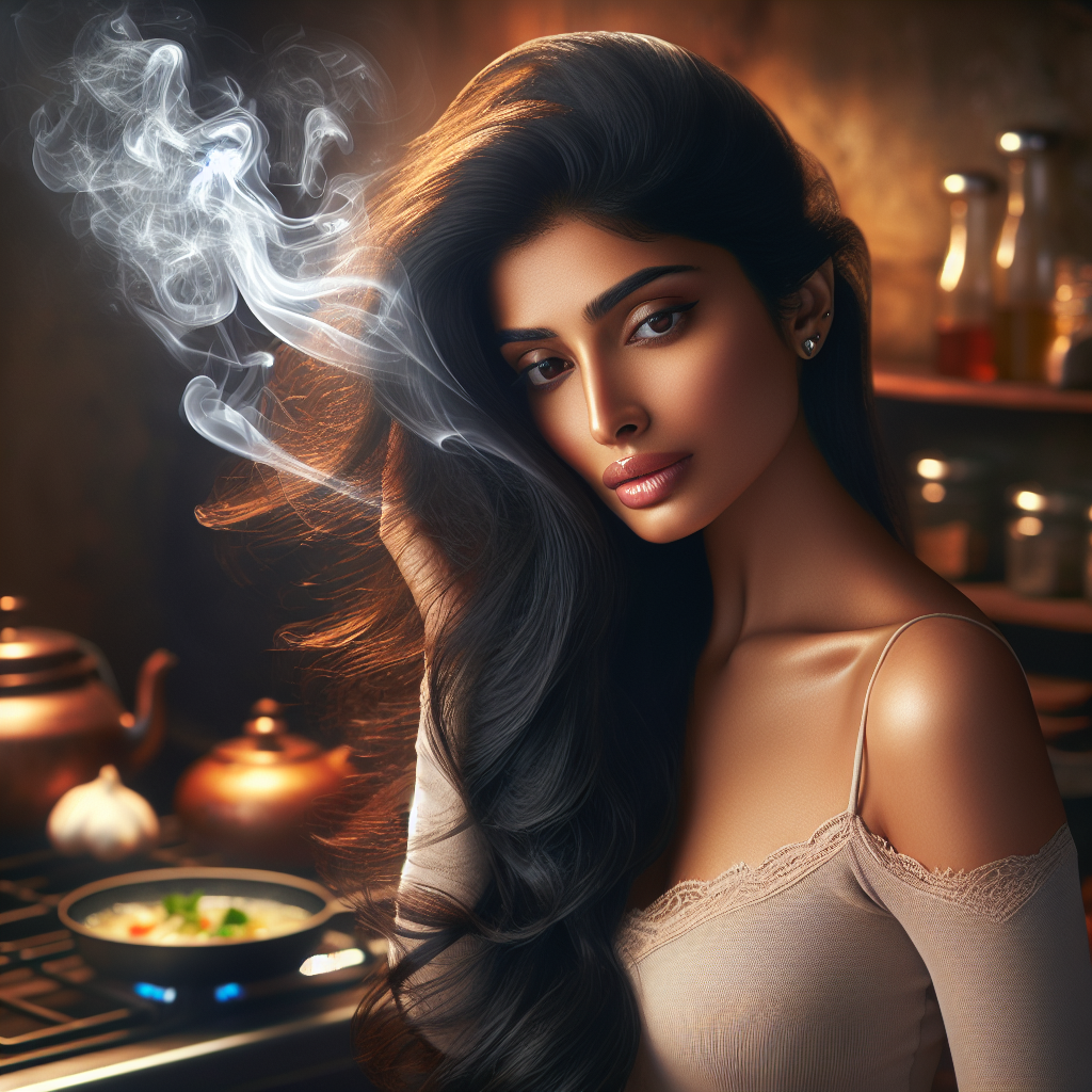 A person with long, flowing hair, standing in a cozy kitchen. In the background, there's a subtle visual suggestion of aromatic food cooking on a stovetop, like steam from frying garlic or onions. The person has a slightly annoyed or concerned expression, gently touching their hair, as if realizing it has absorbed an unwanted smell. Subtle, ethereal wisps could visually represent the odor clinging to the hair. Realistic style, warm kitchen lighting.