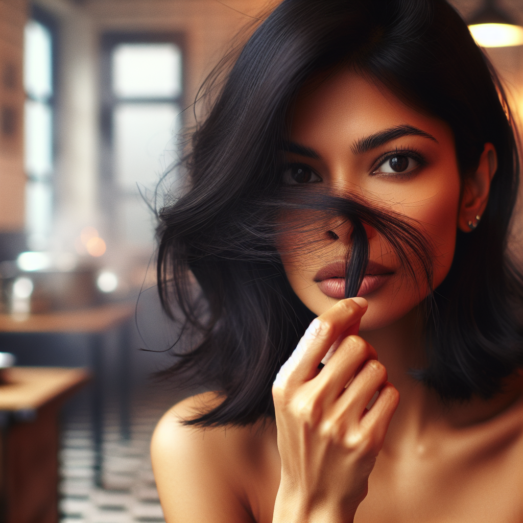 A person, likely a woman, with stylish, medium-length hair, subtly bringing a strand of hair to her nose with a slightly concerned or annoyed expression. The background is softly blurred but hints at a cozy, inviting kitchen or a restaurant, suggesting lingering food smells. The lighting is warm and natural, focusing on her face and hair to convey the subtle discomfort.