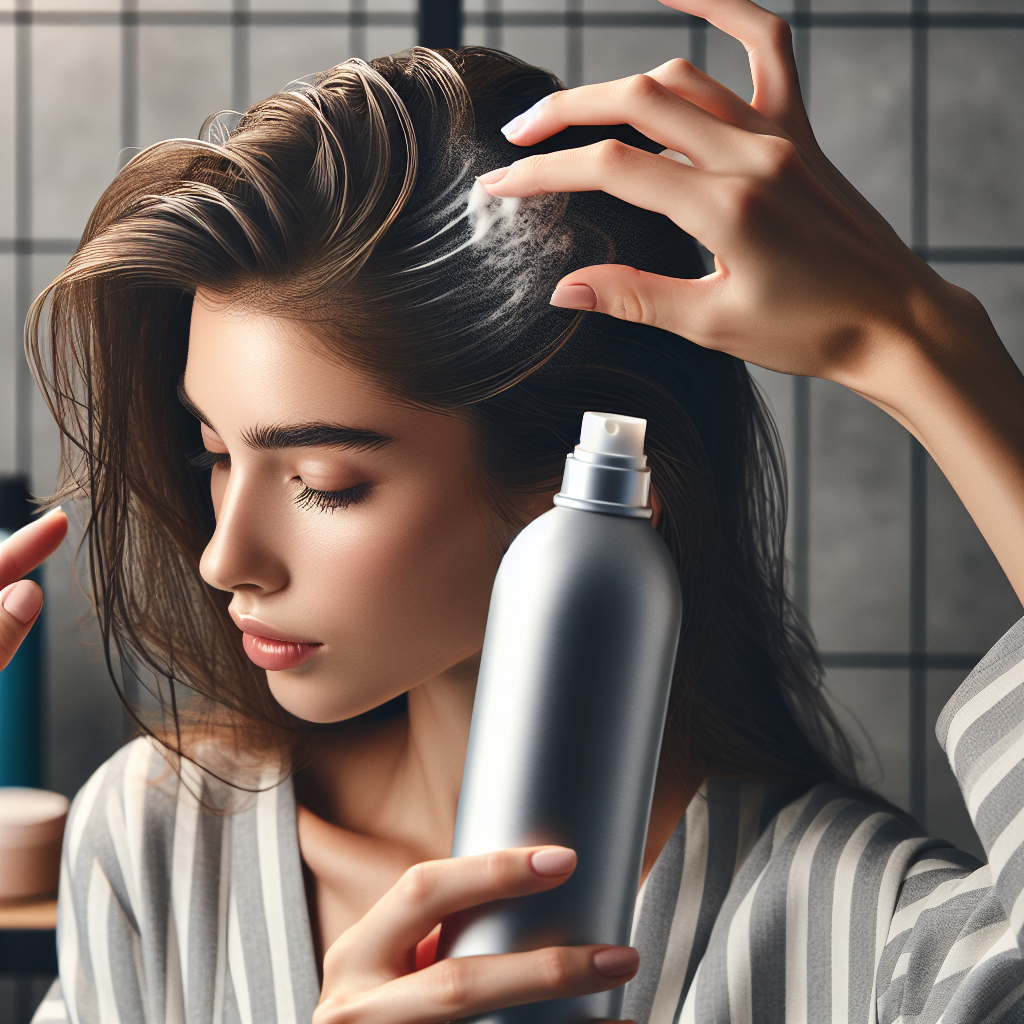 A close-up shot of hands applying dry shampoo to the roots of clean, dry hair. The person's face is out of frame or only partially visible, emphasizing the action of using the product. The hair looks fresh and slightly styled. A modern, minimalist background, suggesting a quick routine in a bathroom or dressing area. The dry shampoo bottle is sleek and contemporary.