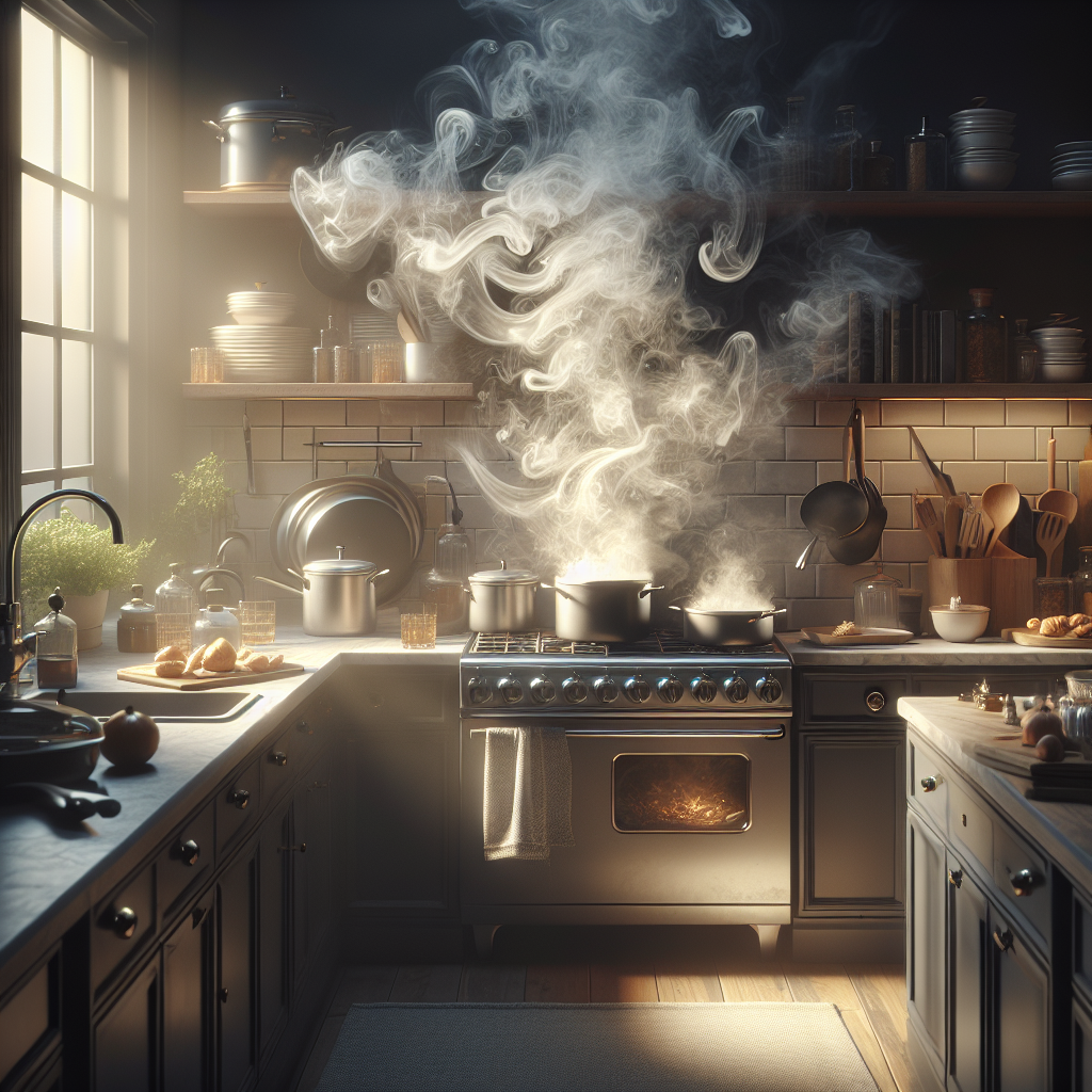 A modern kitchen setting at dusk, with a visible, swirling cloud of unpleasant cooking odors emanating from a stovetop where pots and pans are stacked. The air in the kitchen appears heavy and stale, suggesting persistent smells like fried fish or garlic. The overall mood is slightly uncomfortable but realistic. Realistic, high detail, cinematic lighting.