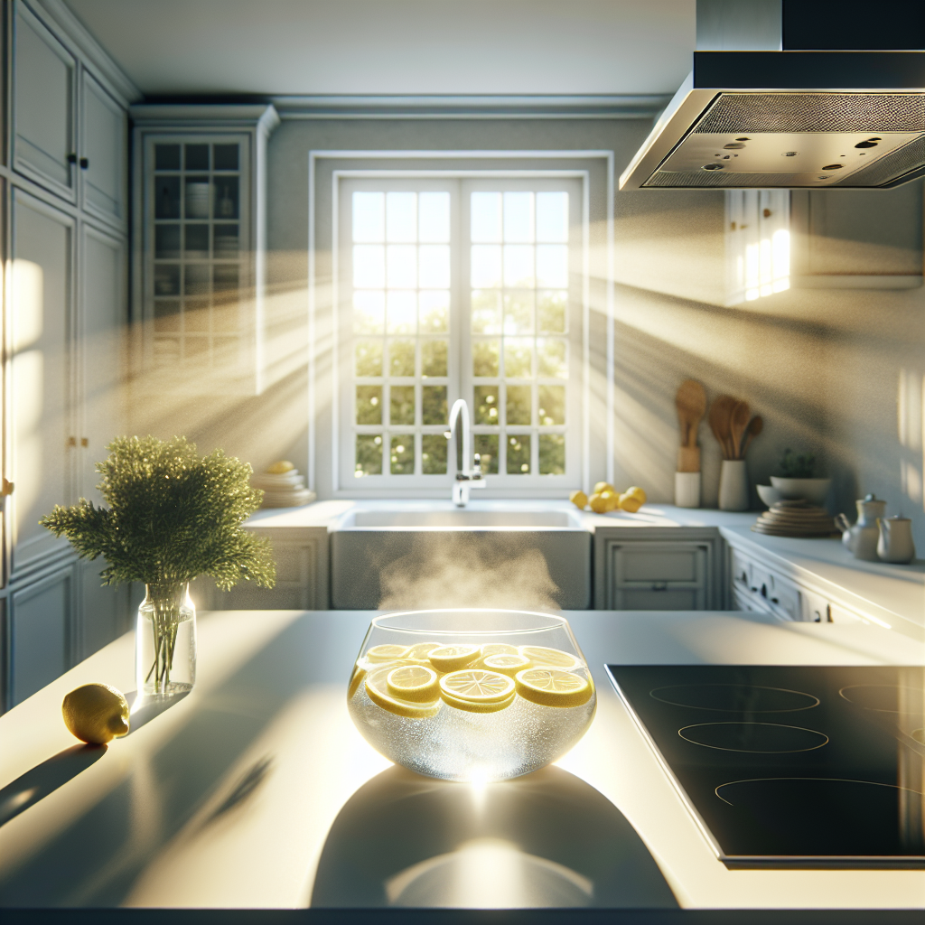 A bright and airy kitchen bathed in natural light, showcasing an open window with fresh air gently blowing in. On a clean countertop, a simple glass bowl filled with water and a few lemon slices, symbolizing natural odor neutralization. A subtle hint of an active extractor fan in the background. The overall scene conveys freshness, cleanliness, and comfort. Realistic, detailed, warm ambient light.