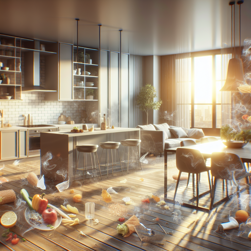 A modern, open-plan kitchen and living area, bathed in soft afternoon light. A subtle, almost visible hazy film or translucent wisps gently swirl in the air, representing lingering food odors after a recent meal. The scene conveys a sense of a home that needs refreshing, with clean surfaces but a palpable atmosphere of stale cooking smells. Emphasize the 'aftermath' of cooking, not the cooking itself.
