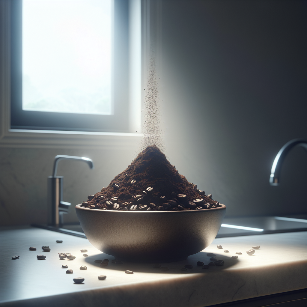 A close-up shot of a small, elegant ceramic bowl filled with rich, dark coffee grounds, placed on a clean, minimalist kitchen counter. A subtle, ethereal 'essence' or visual representation of freshness gently rises from the coffee, symbolizing its odor-neutralizing properties. Soft, warm lighting from a nearby window illuminates the scene, creating a calm and clean atmosphere.