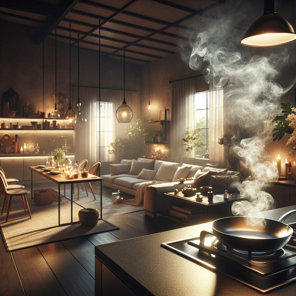 A cozy, modern open-plan kitchen and living room, bathed in warm, soft light. On the kitchen counter, a recently used frying pan is visible. In the air, above the cooking area and subtly extending into the living space, delicate, ethereal wisps of translucent vapor are faintly visible, visually representing the lingering smell of cooked food (like fried fish or garlic). The overall atmosphere should be inviting but with a subtle undertone of the persistent aroma. High detail, photorealistic.