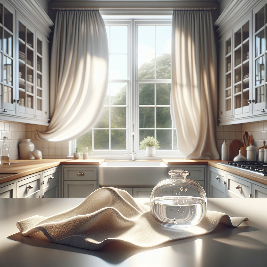 A bright, airy, and meticulously clean kitchen interior with large windows wide open, allowing fresh, crisp air and sunlight to stream in. A gentle breeze causes the curtains to sway slightly. On a clean counter, a small, elegant ceramic bowl filled with clear liquid (representing vinegar) is subtly placed. The scene evokes a feeling of freshness, cleanliness, and the successful removal of odors. Soft, natural lighting, photorealistic, focus on a sense of renewed purity.