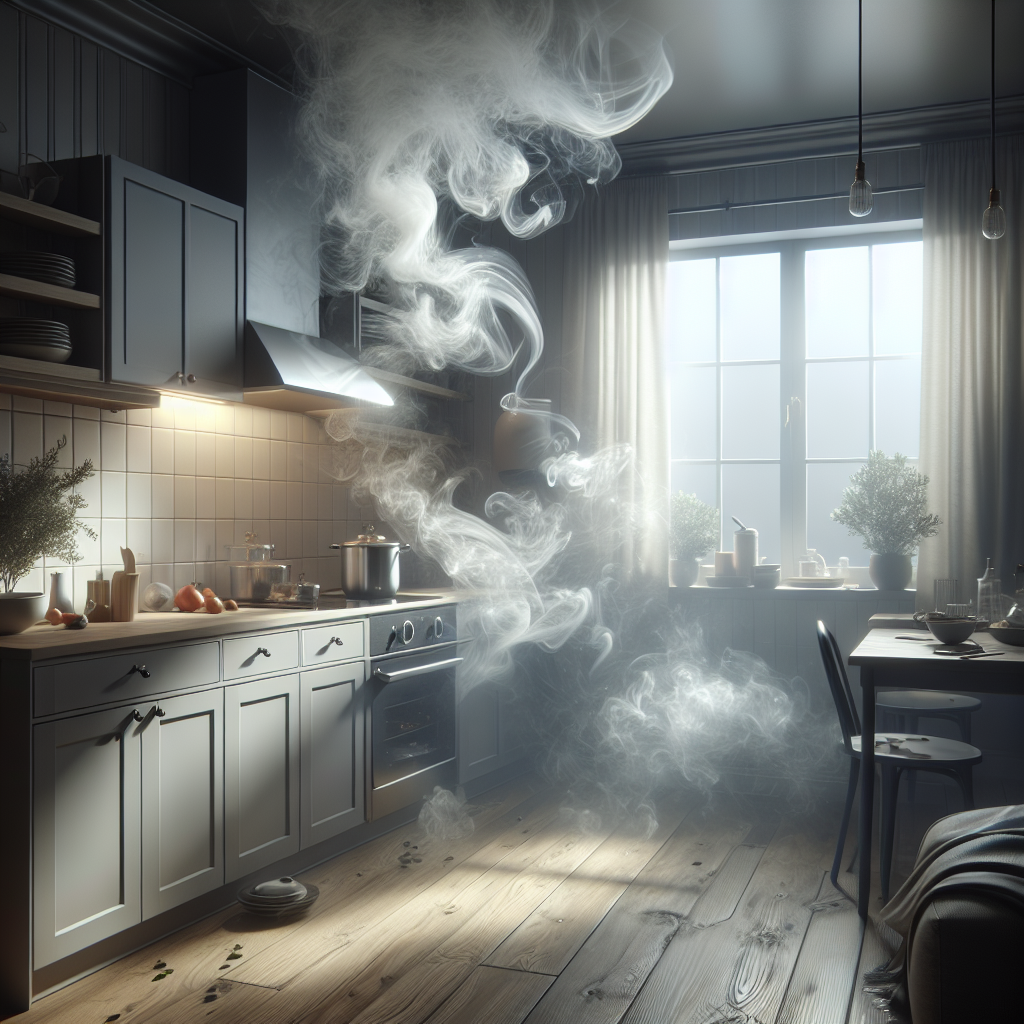 A modern, slightly lived-in kitchen immediately after cooking, with subtle, wispy, greyish smoke or vapor visually representing lingering, unpleasant food odors drifting through the air. The scene should evoke a sense of stale air, perhaps with a window slightly ajar but not enough to clear the air. Realistic, soft lighting, focus on the atmospheric 'aftermath' of cooking smells.