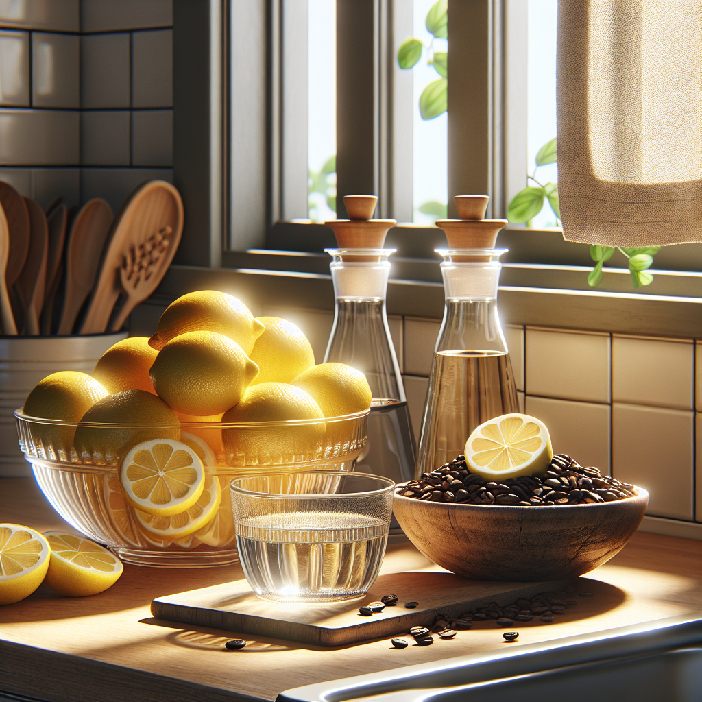 A bright, clean kitchen counter featuring natural odor-eliminators: a clear glass bowl with freshly sliced lemons, a small rustic bowl filled with aromatic coffee beans, and a simple glass with a clear vinegar solution. Sunlight streams in from a window, highlighting a sense of freshness, cleanliness, and natural remedies. Realistic, warm and inviting lighting.