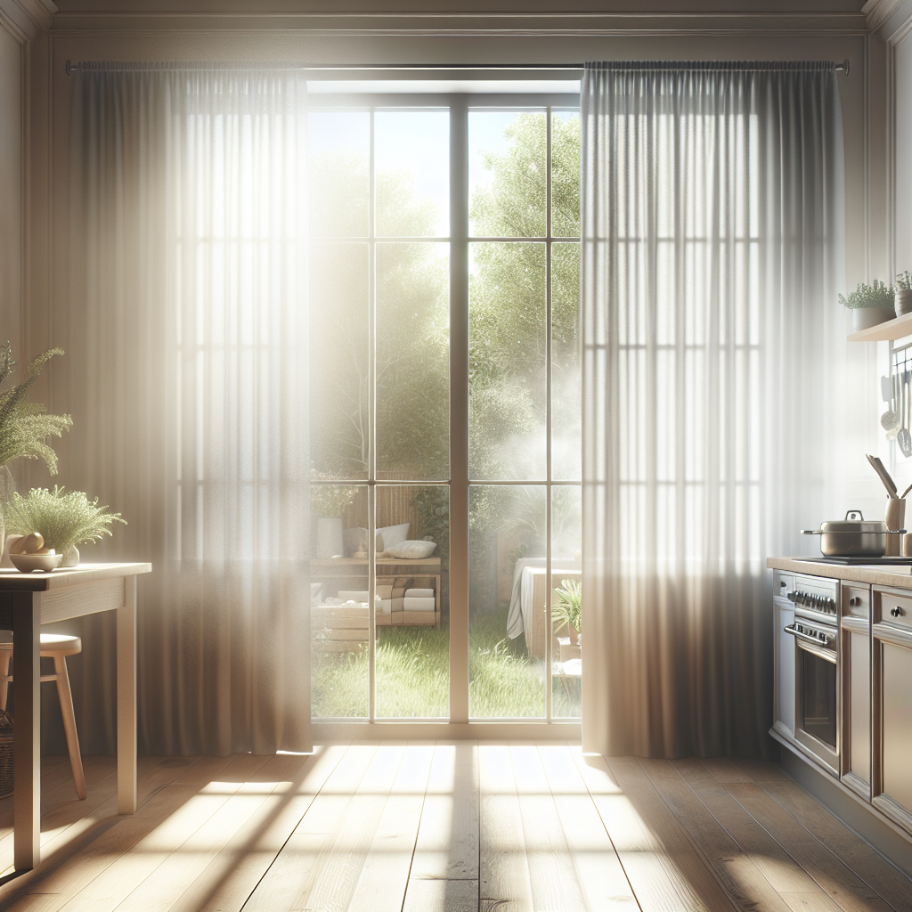 A cozy, sunlit modern kitchen with a large window wide open. A gentle breeze is subtly rustling the curtains, and the atmosphere in the kitchen is visibly clearing from a subtle haze (implied cooking odors) to fresh, bright air. The scene evokes a feeling of cleanliness and renewal after cooking. Photorealistic, soft natural light.