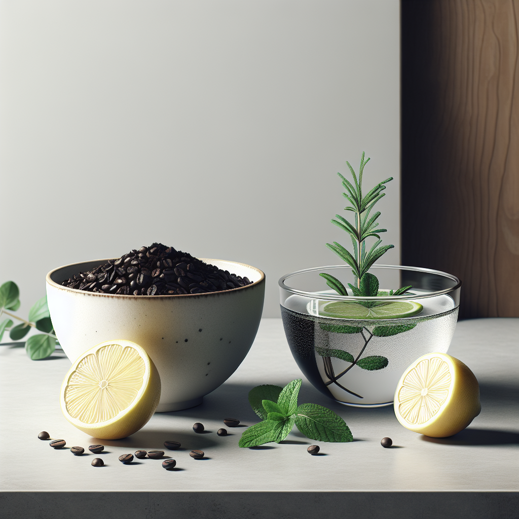 A minimalist kitchen counter. On it, a small ceramic bowl filled with dark, aromatic coffee grounds next to a clear glass bowl containing a clear liquid (vinegar water) with a few fresh lemon slices. A green sprig of mint or rosemary lies artfully beside them. The setting is clean, bright, and inviting, symbolizing natural freshness and effective odor neutralization. Photorealistic, shallow depth of field.
