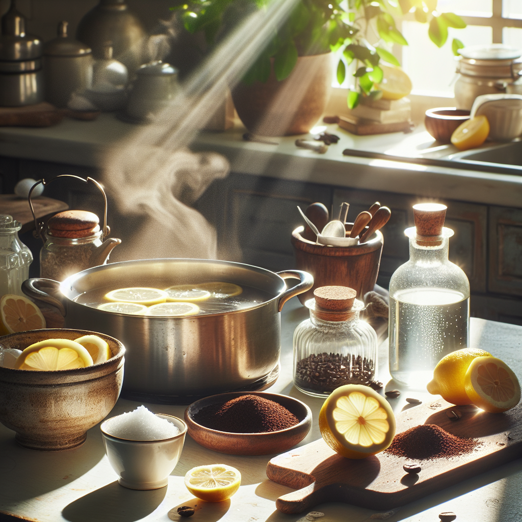 A cozy, sunlit kitchen counter after a meal has been cooked. Various natural remedies are visible: a small pot gently simmering with lemon slices in water, a rustic bowl filled with fresh coffee grounds, and a small glass bowl of white vinegar. A subtle, clean steam rises from the pot, symbolizing freshness and the neutralization of lingering food odors. The overall atmosphere is inviting and fresh, with natural lighting.