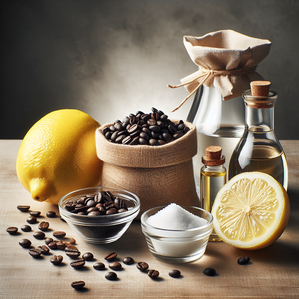 A vibrant still life showcasing key natural home remedies against kitchen odors. A bright yellow lemon cut in half, dark roasted coffee beans spilling from a small burlap sack, a small elegant bowl filled with white baking soda, and a clear glass bowl with liquid vinegar are arranged neatly on a clean wooden surface. Emphasize freshness and cleanliness through bright lighting and crisp details, in a studio photography style with a light, simple background.