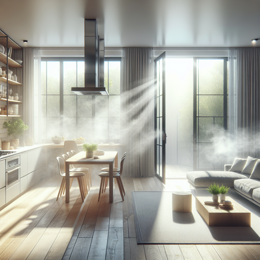 A contemporary, open-plan kitchen and living space, with a subtle, almost imperceptible haze of lingering cooking odors. A large window is wide open, allowing a strong current of bright, clean air to visually sweep through the space, dispelling the haze towards the outside. The scene conveys a refreshing transition from a slightly stale atmosphere to one of freshness and clarity. Realistic, high-quality photograph, inviting light.