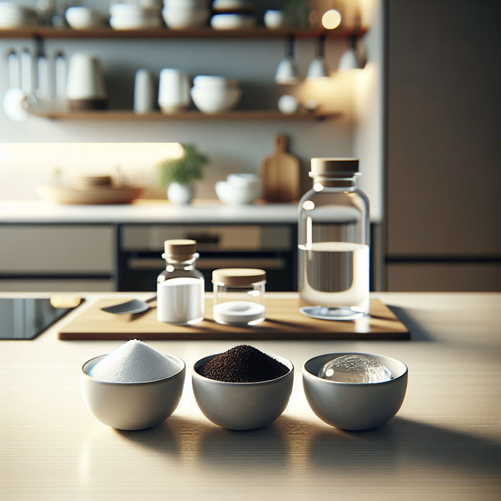 A pristine and organized countertop in a modern, open-concept kitchen. Neatly arranged are three small, simple white bowls containing natural odor absorbers: one with white baking soda, another with dark brown coffee grounds, and a third with clear vinegar water. The background, softly out of focus, features a sleek kitchen island or stove area. Soft, natural light illuminates the scene, emphasizing cleanliness and practical solutions. Realistic, high-quality photograph.