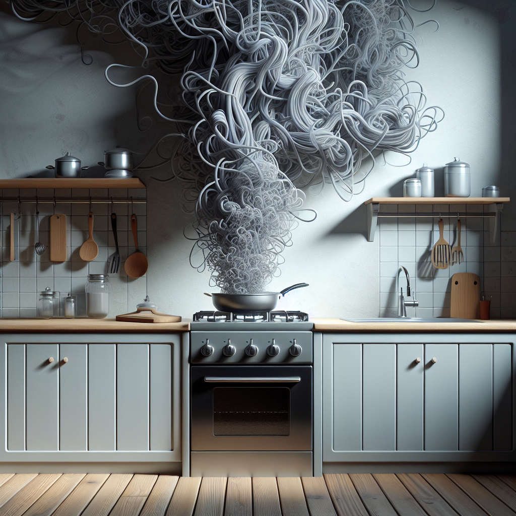 A realistic photograph of a cozy kitchen, subtly depicting lingering unpleasant cooking odors. Stylized, faint grey-brown wisps of vapor or visual 'smell lines' emanate from a frying pan on the stovetop and slightly drift through the air, creating a slightly stuffy atmosphere. The kitchen is otherwise tidy, highlighting the problem of persistent smells.