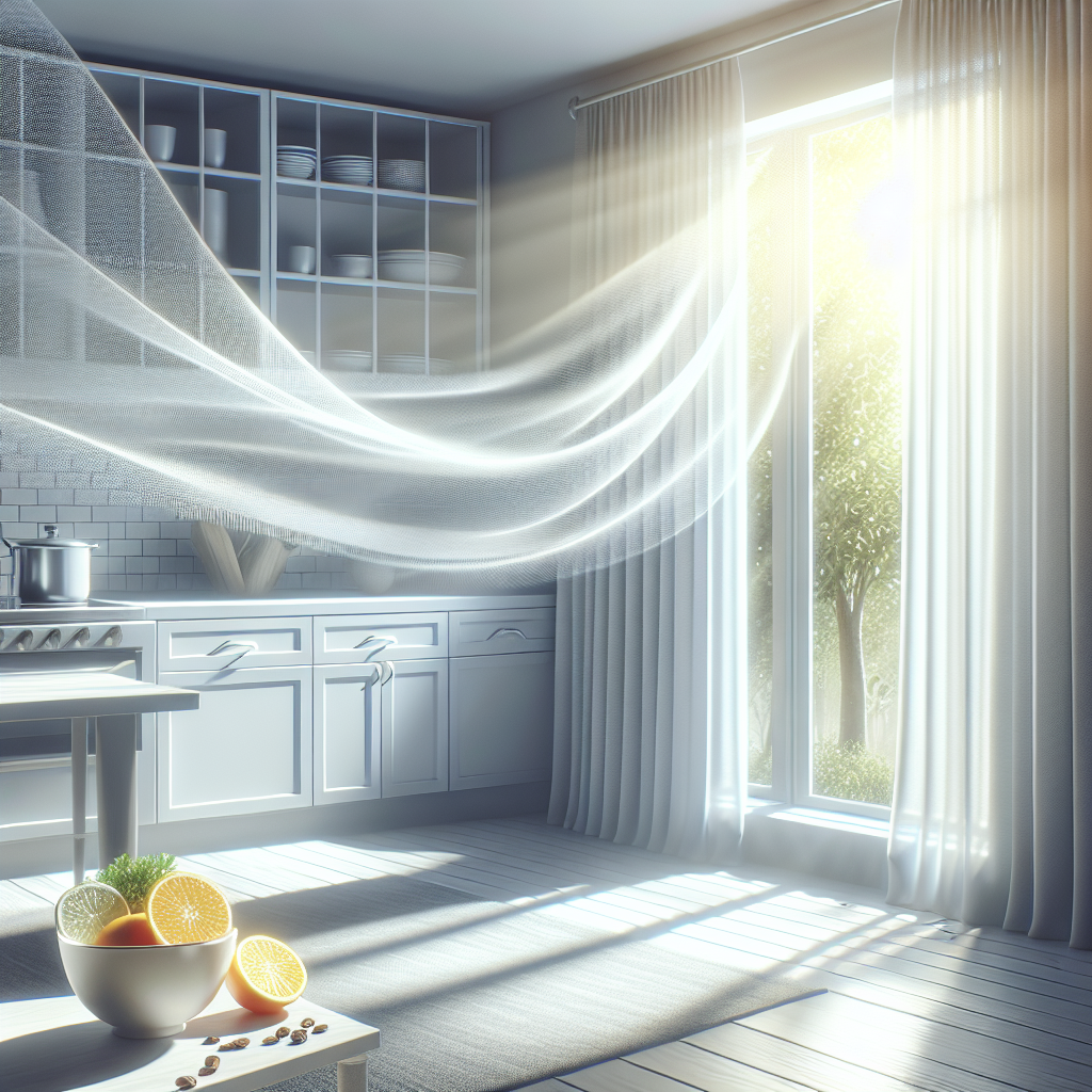 A bright, clean, and modern kitchen flooded with natural light from a wide-open window. A sheer curtain gently billows, indicating a fresh breeze entering the room. The scene radiates a strong sense of freshness and crisp, clean air, with a bowl of citrus slices or coffee beans subtly placed on the counter as a hint of odor elimination.
