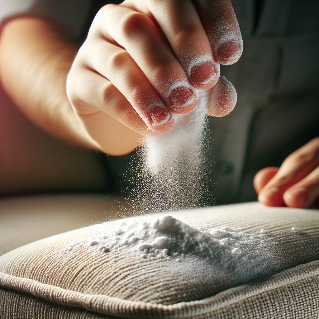 A close-up, realistic shot of a hand sprinkling white baking soda powder generously over a section of a fabric sofa or armchair. The texture of the fabric should be visible, and the scene evokes a sense of cleaning and odor neutralization. Natural lighting, focus on the action.