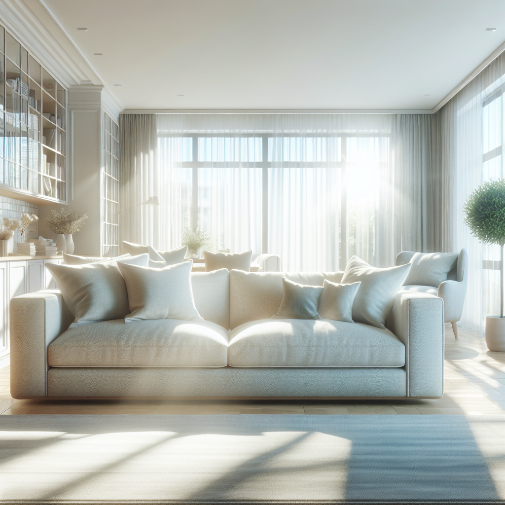 A bright and airy living room, with sunlight streaming through a window, highlighting a freshly cleaned, light-colored fabric sofa. The room feels clean, comfortable, and has an inviting atmosphere, free of any unpleasant smells. A hint of fresh air and well-being. Realistic, high detail.