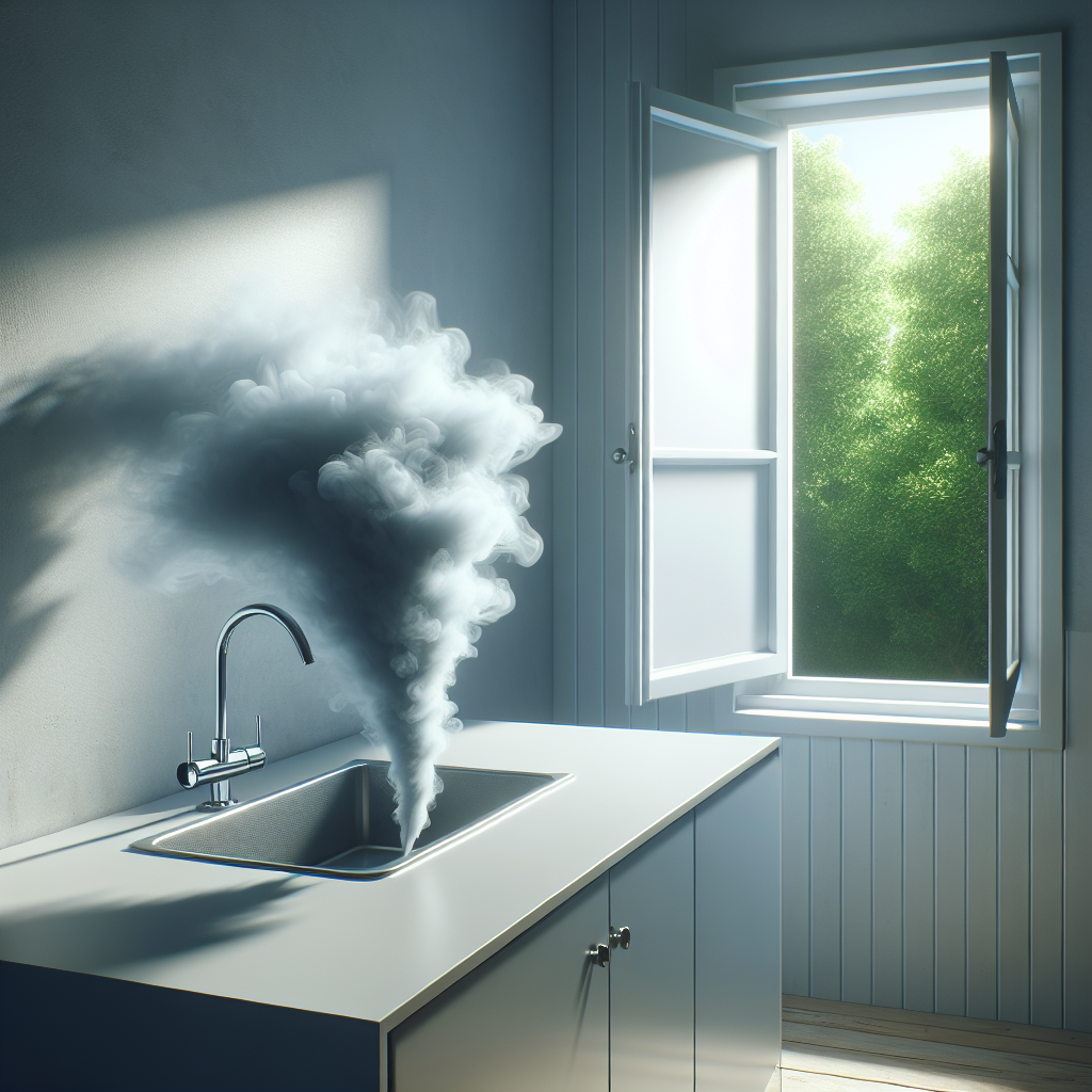 A modern, minimalist kitchen or bathroom, depicting a subtle, abstract representation of an unpleasant vinegar smell (faint, wispy grey fumes) emanating from a freshly cleaned surface like a sink or countertop. Simultaneously, an open window in the background lets in bright sunlight and a gentle breeze, with green trees visible outside, symbolizing ventilation and the entry of fresh air. The overall mood is transitioning from slight discomfort to refreshing cleanliness. Photorealistic, high detail.