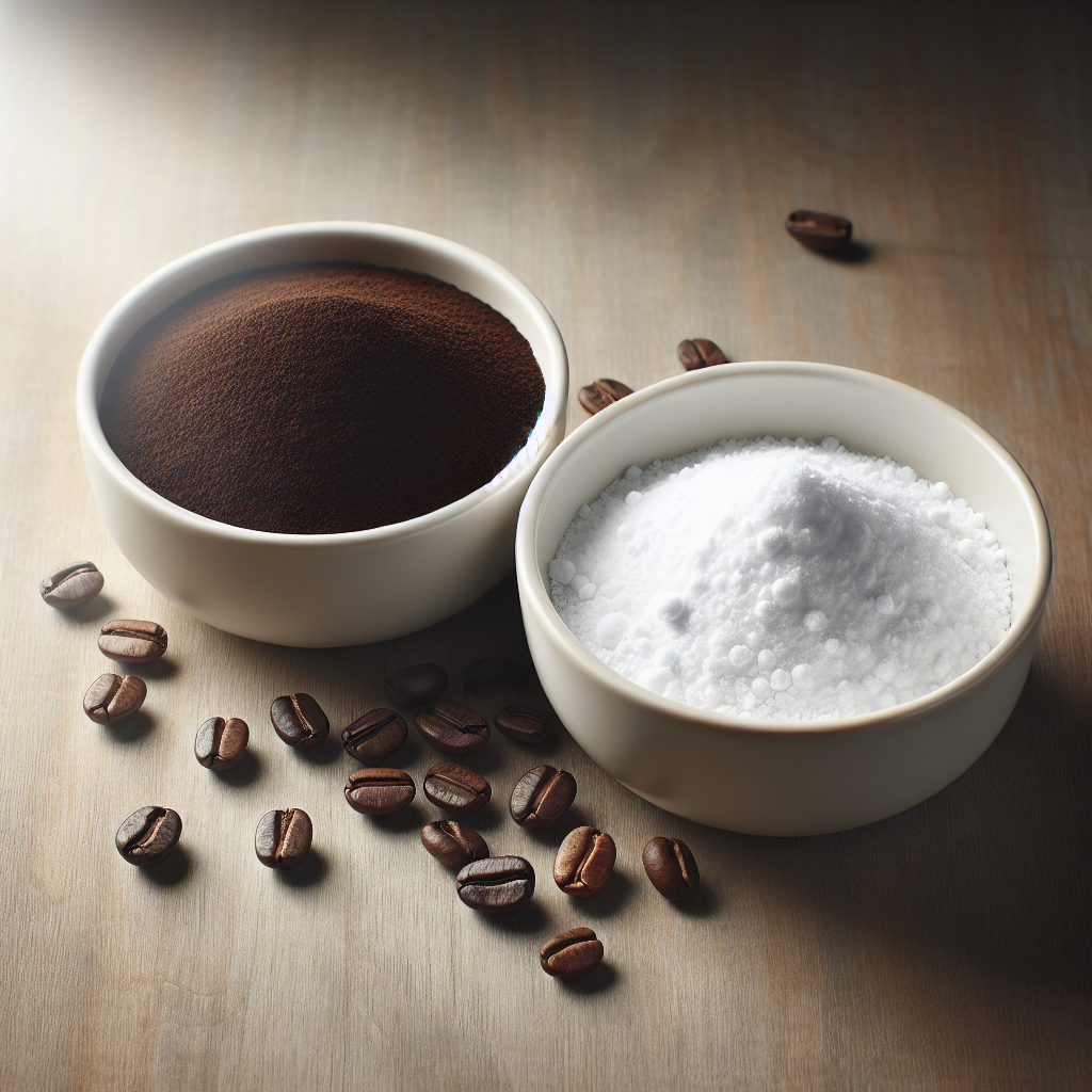 A still-life composition featuring small white ceramic bowls. One bowl is filled with freshly ground dark coffee beans, and the other with white baking soda powder. They are neatly arranged on a clean, light-colored wooden table or countertop, possibly with a subtle hint of a freshly wiped surface. Soft, natural light illuminates the scene, emphasizing the simple, natural solutions to neutralize odors. Photorealistic, clean and inviting aesthetic.