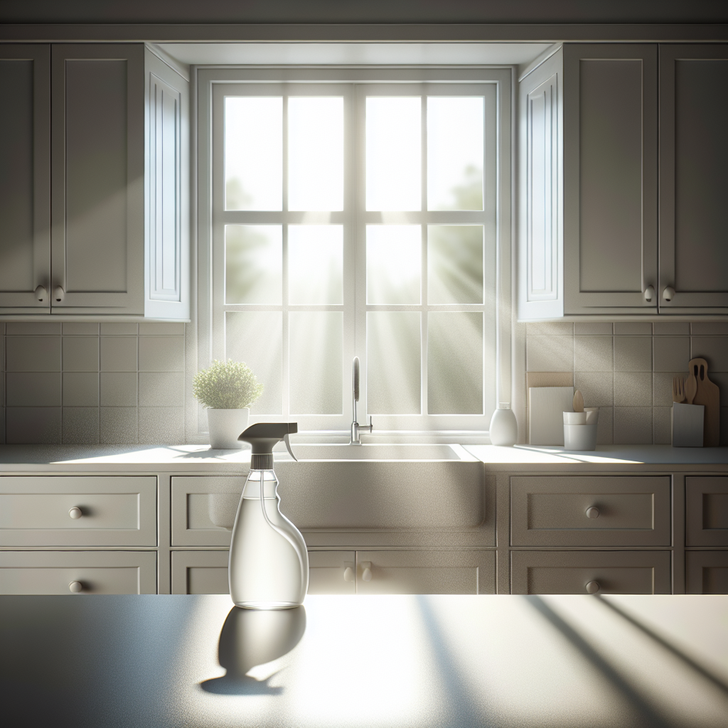 A minimalist, sunlit kitchen with an open window, showcasing fresh air subtly flowing in. On a clean counter, there's a spray bottle and a faint, almost invisible wisp of a lingering unpleasant vinegar smell dissipating, being replaced by a feeling of clean freshness. Focus on bright, inviting atmosphere. Realistic, clean photography.