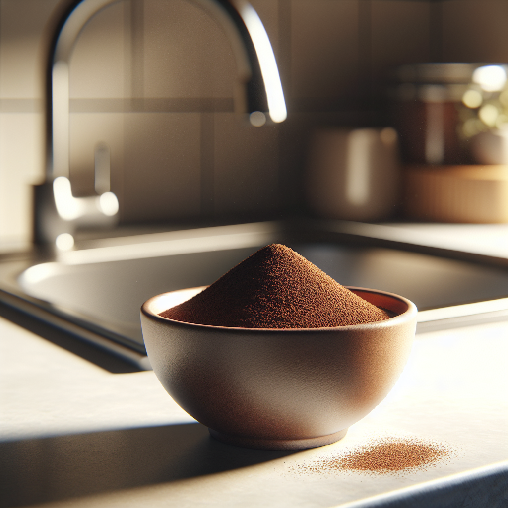 A cozy close-up of a small, open ceramic bowl filled with dark, aromatic coffee powder, placed on a modern kitchen counter next to a sparkling clean sink. The background is softly blurred, suggesting a recently cleaned space where unpleasant odors are being neutralized. Warm, inviting lighting. Realistic, homey photography.