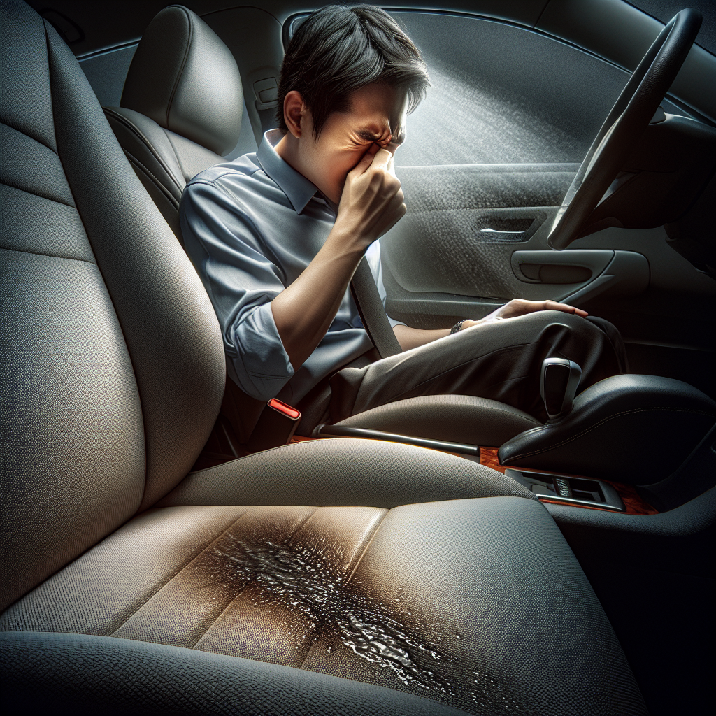 A close-up inside a car, showing a pervasive, unpleasant vinegar smell subtly represented by slightly hazy, pungent-looking air within the interior. A person's hand is subtly covering their nose, indicating discomfort, next to a fabric car seat that shows a slight damp spot. The lighting is slightly dim to emphasize the uncomfortable atmosphere. Realistic, high detail, capturing the essence of an annoying car smell.