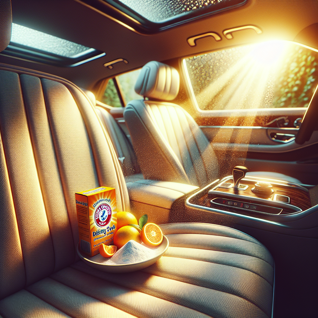A bright, inviting car interior, sparkling clean, with warm sunlight streaming through the windows. On a pristine car seat, there's a small open box of baking soda and a few fresh lemon or orange peels in a discreet bowl, symbolizing natural odor neutralization. The overall scene evokes freshness, cleanliness, and a pleasant, airy feeling in the car. Realistic, high detail, airy and well-lit.