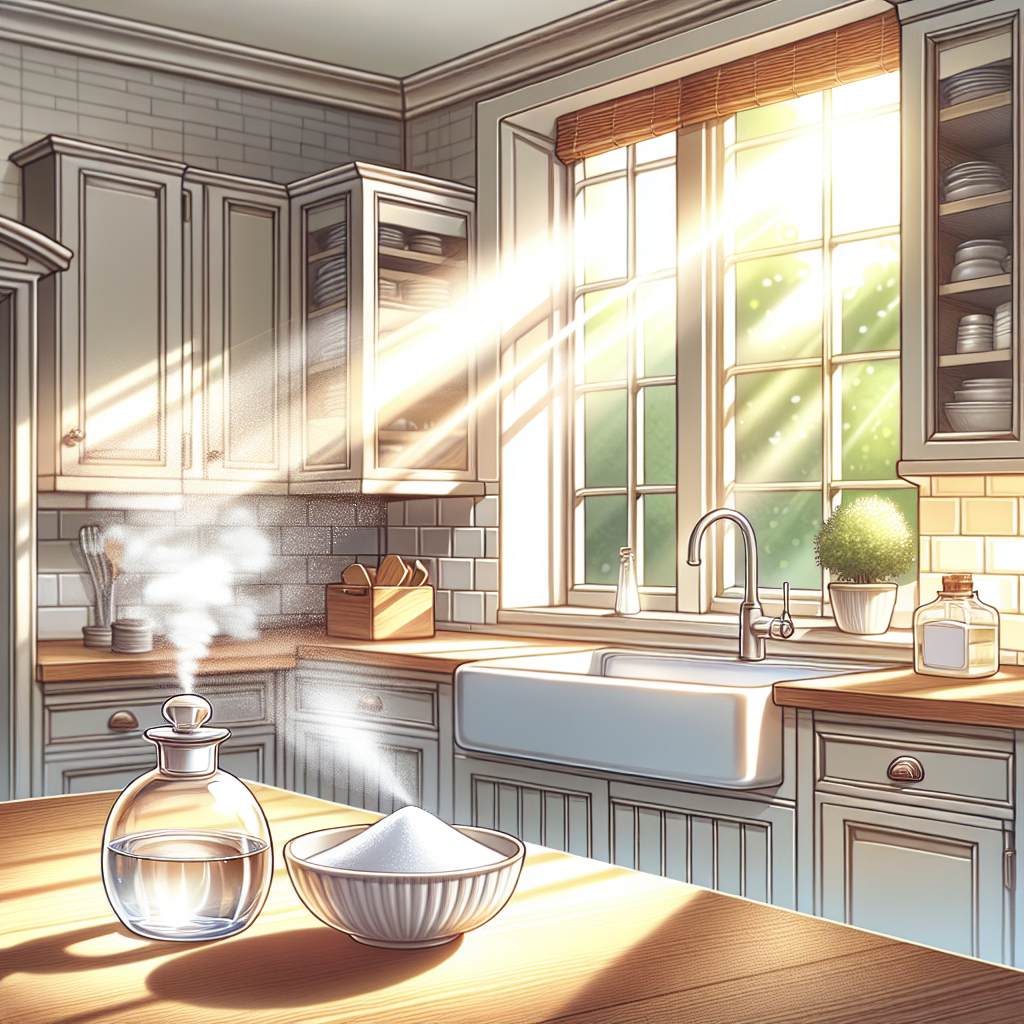 A bright, clean kitchen with open windows, sunlight streaming in, and a subtle visual representation of unpleasant vinegar smell dissipating into fresh air. On a counter, there's a small white bowl of baking soda and a decorative diffuser releasing a gentle mist, implying a fresh, airy atmosphere.