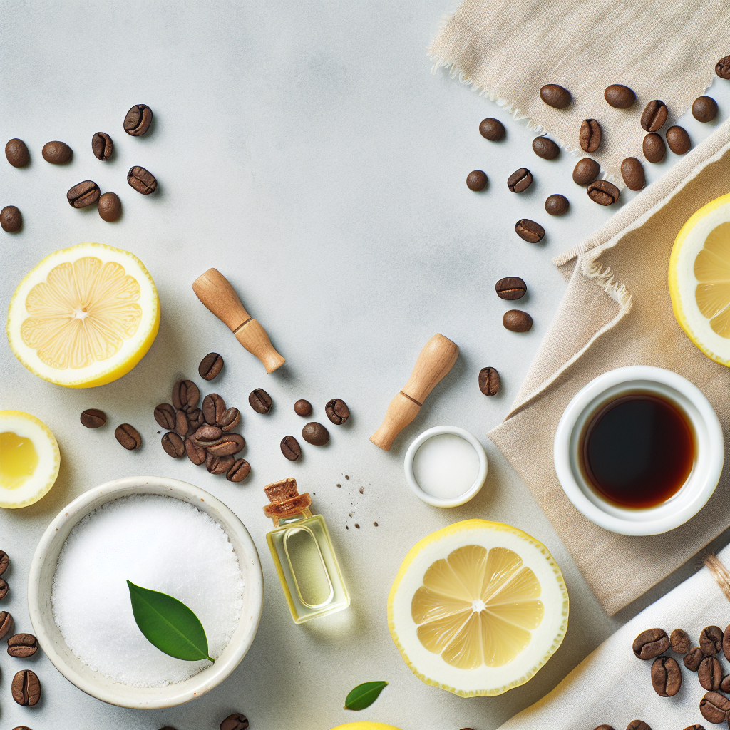 An artful flat lay composition featuring natural odor neutralizers: a small bowl of baking soda, scattered coffee beans, fresh lemon slices, and a few drops of essential oil on a piece of fabric, all arranged on a light, clean surface, evoking a sense of freshness and purity.