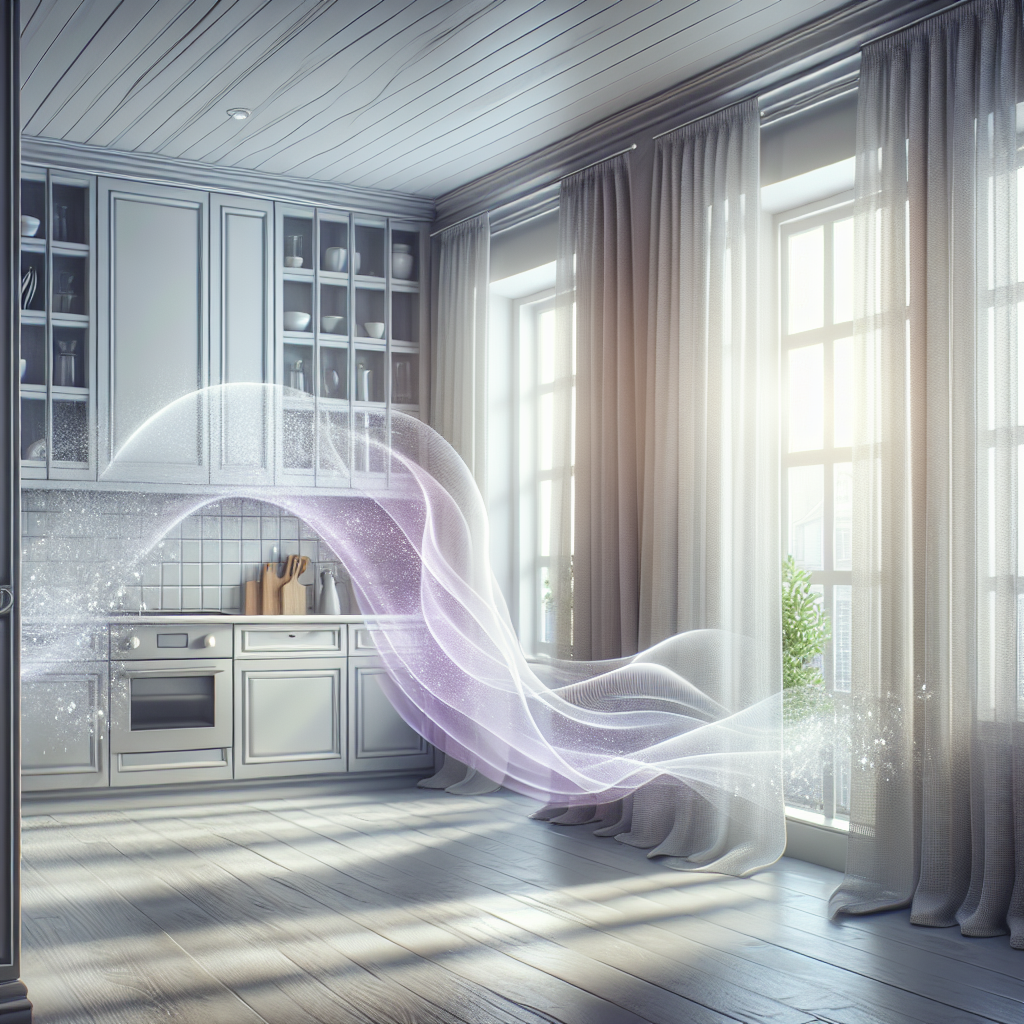 A bright, modern kitchen or living room filled with natural light, featuring large open windows and sheer white curtains gently billowing, suggesting fresh air circulating. A subtle, transparent, wavy purple-grey 'smell cloud' is visibly dissipating and being replaced by a clean, sparkling 'freshness aura' around the room. The overall atmosphere is serene, clean, and airy, emphasizing the concept of neutralizing odors for a fresh home. Realistic photo, soft focus, clean aesthetic.