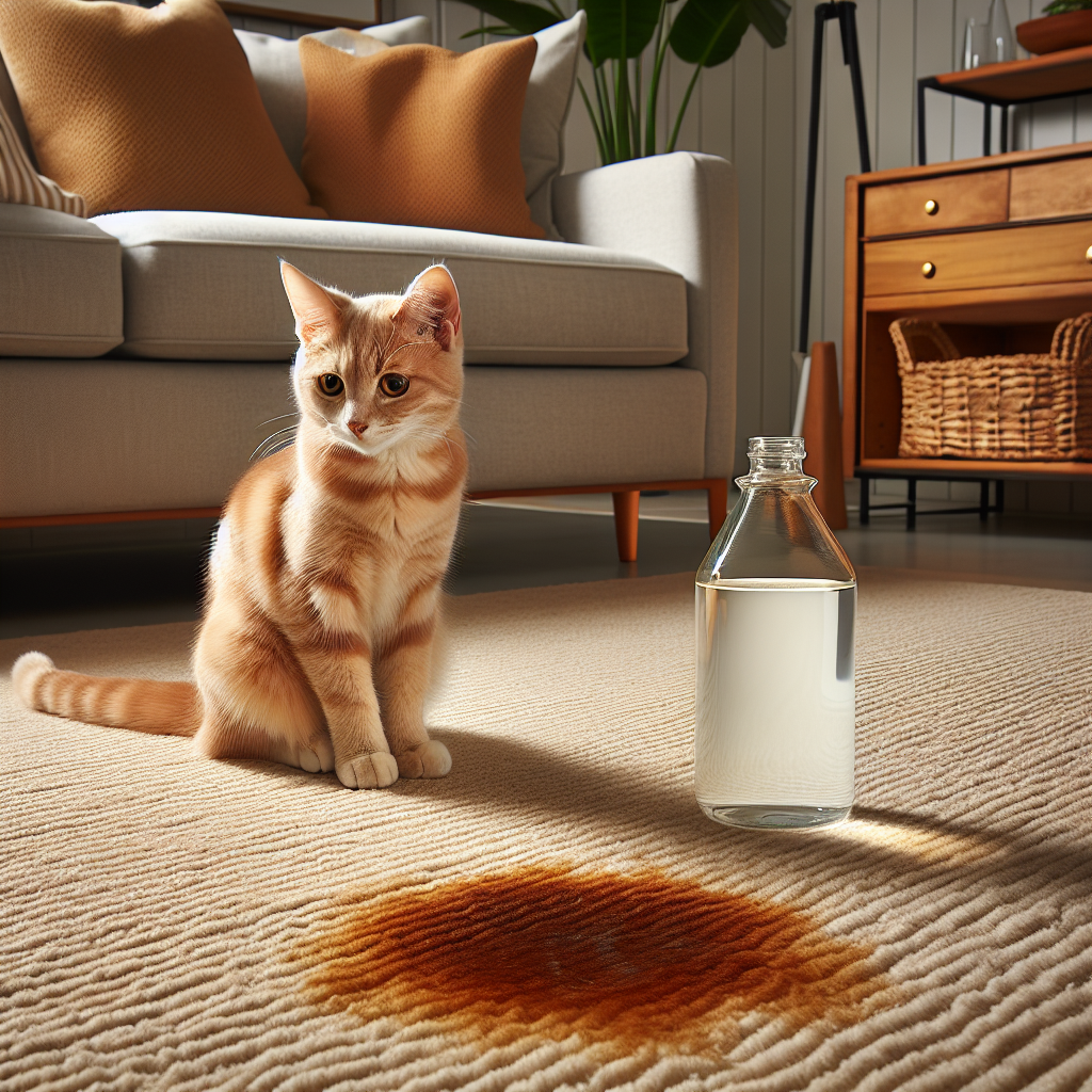 A domestic cat, perhaps a tabby or ginger, sitting near a slightly visible, dried cat urine stain on a beige living room rug. Next to the stain, a clear glass bottle of white household vinegar is prominently displayed, suggesting a solution. The setting is a clean, cozy home interior, well-lit. Realistic, warm tones.