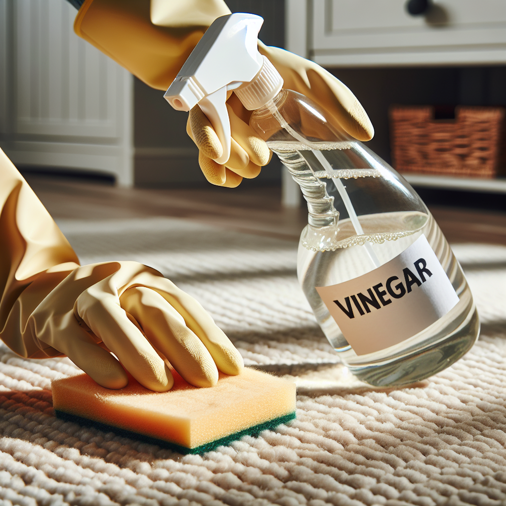A close-up shot of a person's hands wearing gloves, holding a spray bottle labeled 'Essig' (Vinegar) and applying a clear liquid generously onto a stained area of a light-colored carpet or wooden floor. A sponge or microfiber cloth is ready to blot, conveying effective cleaning and odor removal. Bright, practical, clear focus.