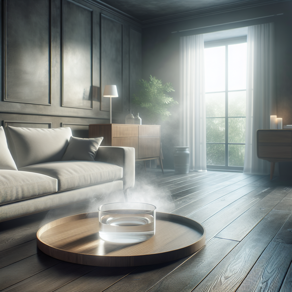 A clean, modern living room interior, subtly hinting at a lingering smoke smell (perhaps through a slightly muted color palette or a very faint haze, but not dirty). On a sleek wooden coffee table, a clear glass bowl filled with white vinegar is prominently placed, with an open window in the background letting in bright, fresh daylight. The scene conveys a sense of quiet remediation and a fresh start. Soft, natural lighting. Realistic photography.